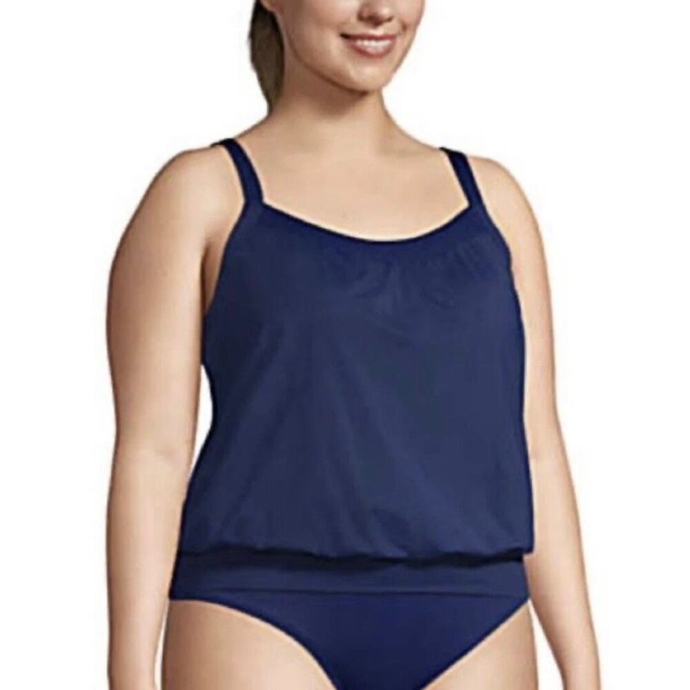 Lands’ End Blouson Tankini Swim Top Adjustable Straps Navy Blue 16W